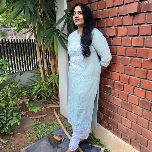 Hand-Chikankari Kurti — Imported Rayon Pista Green