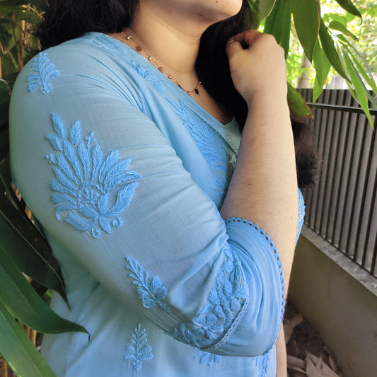 Pure Mull Cotton Chikankari Kurti – Power Blue (Top & Bottom)