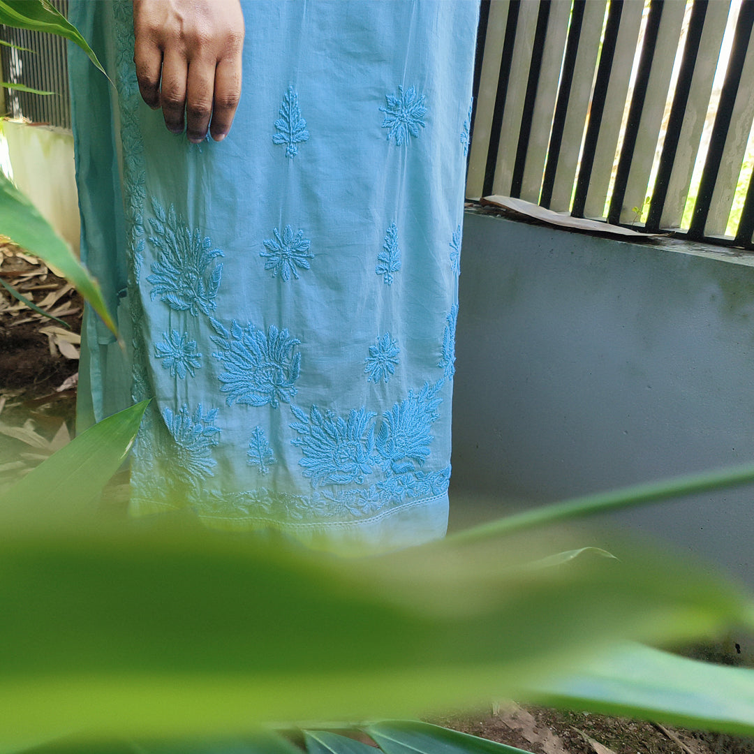 Pure Mull Cotton Chikankari Kurti – Power Blue (Top & Bottom)