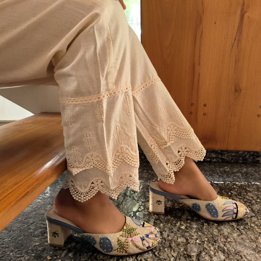 Women's Cotton Trousers with Lace work Beige