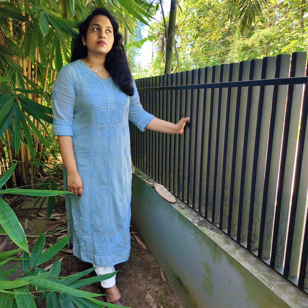 Pure Mull Cotton Chikankari Kurti – Power Blue (Top & Bottom)