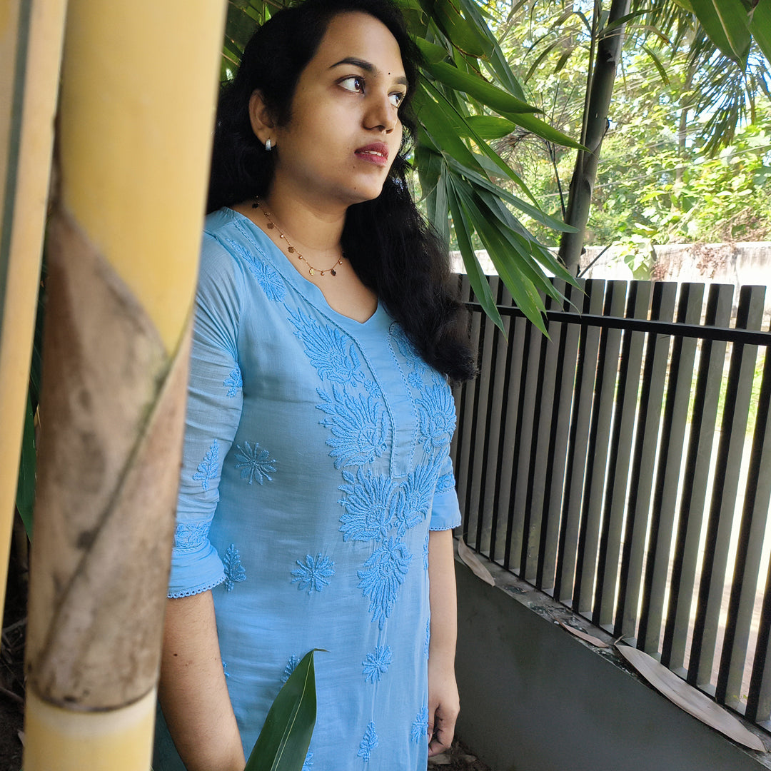 Pure Mull Cotton Chikankari Kurti – Power Blue (Top & Bottom)