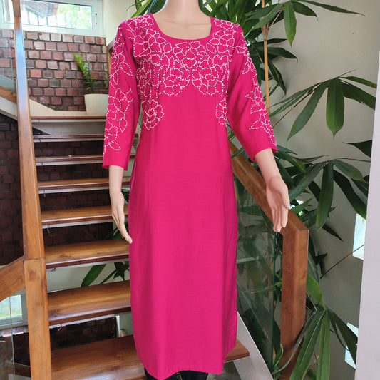 Fuchsia Semi-Silk Kurta with Elegant French Knot Detailing