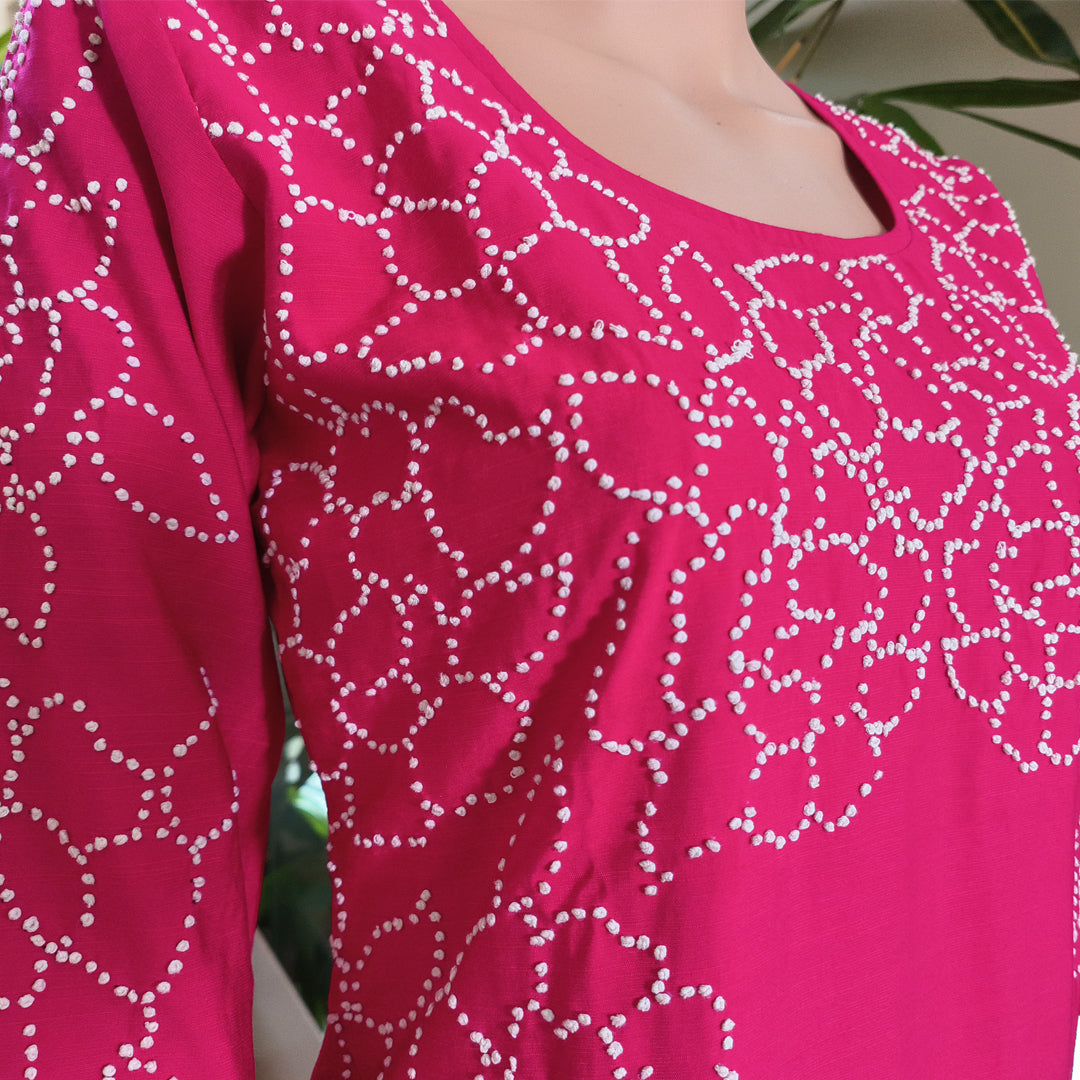Fuchsia Semi-Silk Kurta with Elegant French Knot Detailing