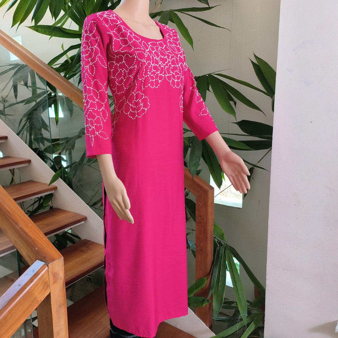 Fuchsia Semi-Silk Kurta with Elegant French Knot Detailing