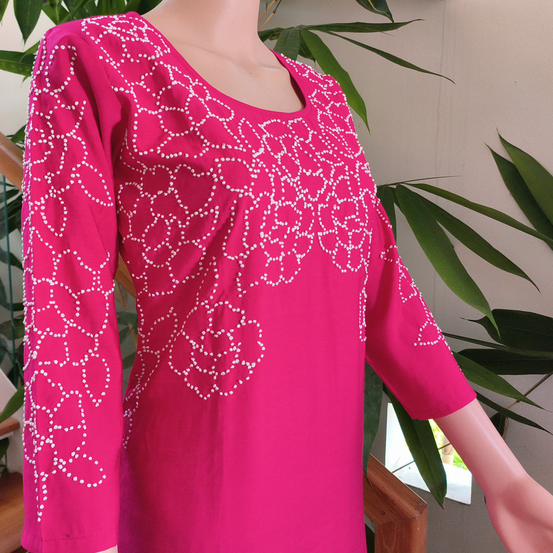 Fuchsia Semi-Silk Kurta with Elegant French Knot Detailing