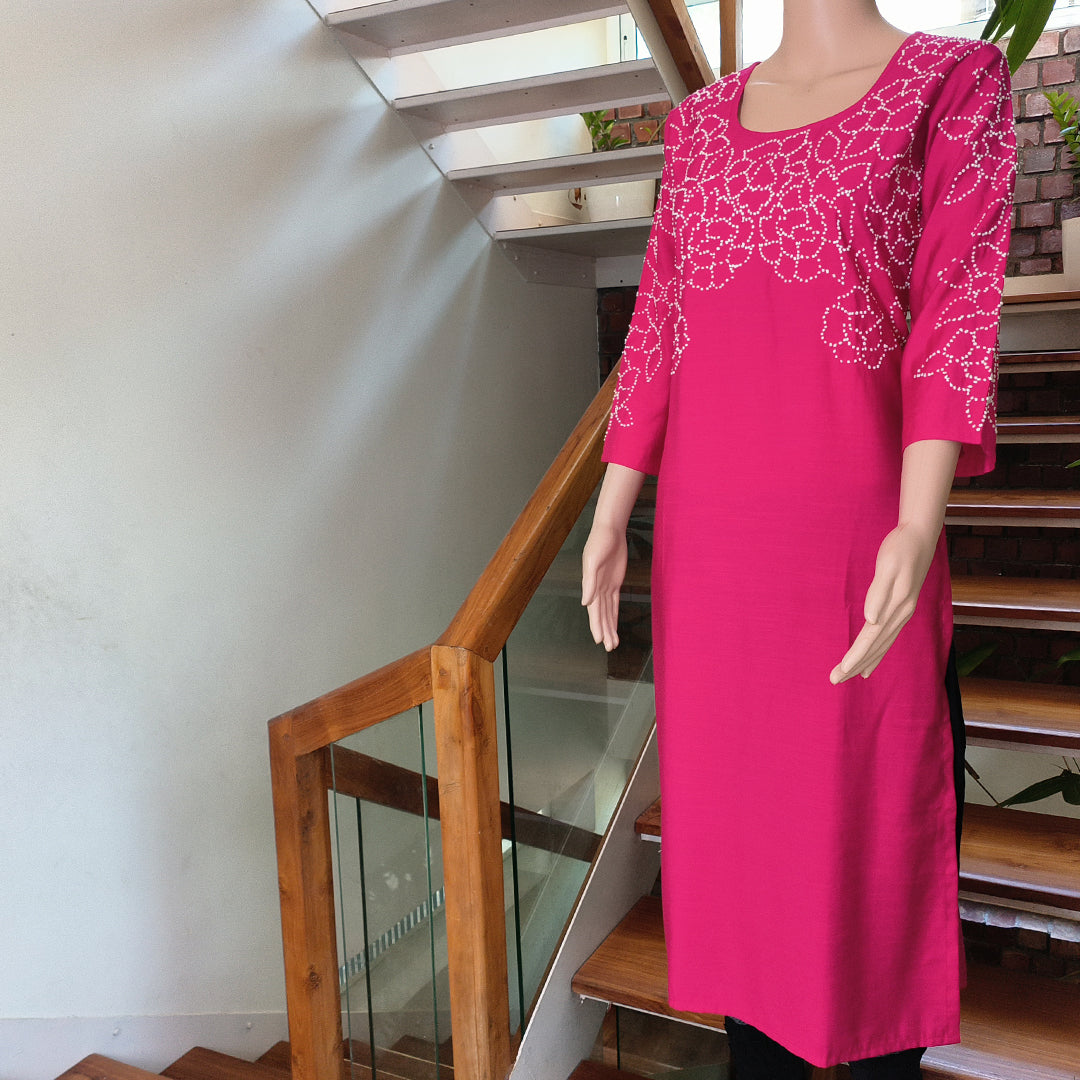 Fuchsia Semi-Silk Kurta with Elegant French Knot Detailing
