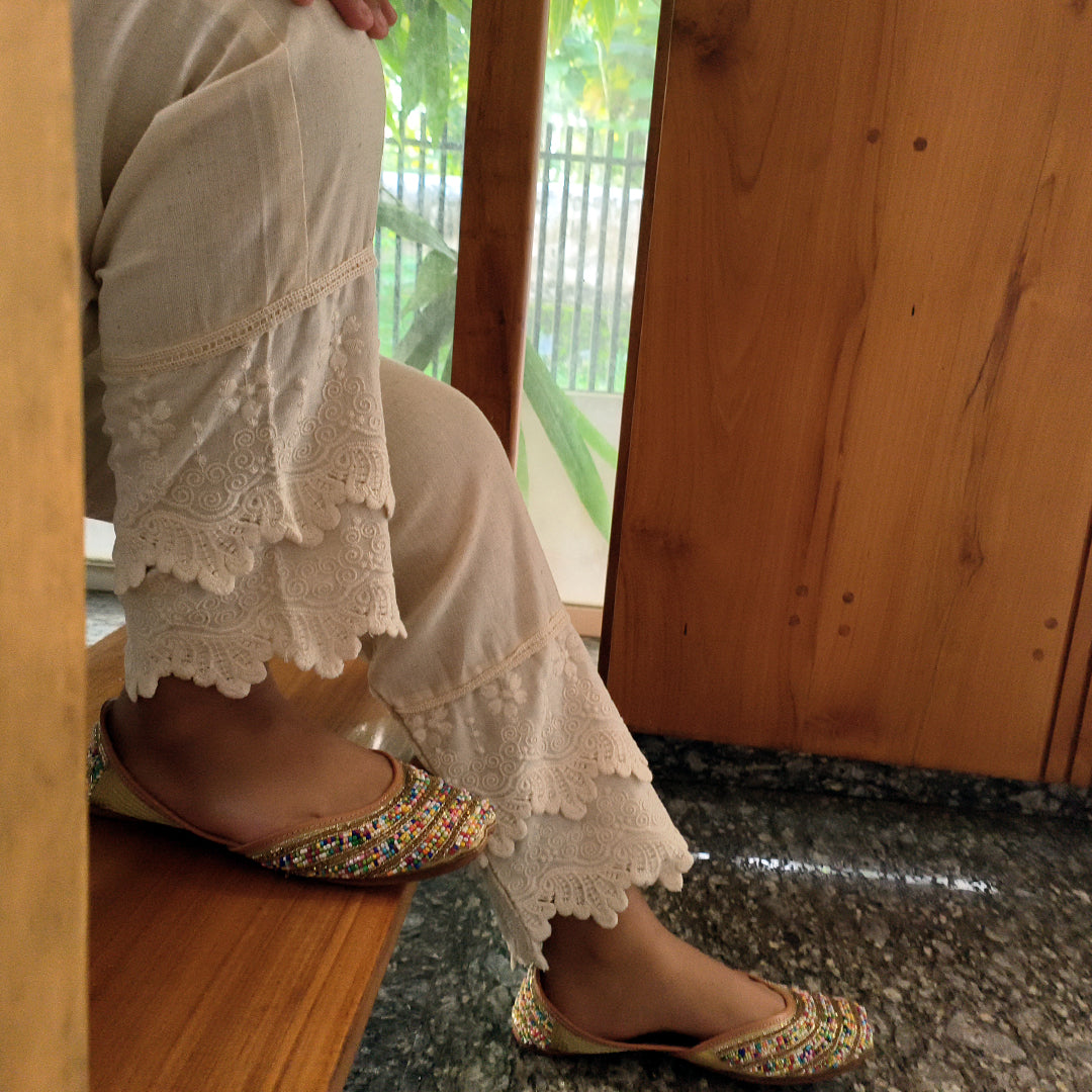 Women's  Cotton Pants with Lace Hem Beige