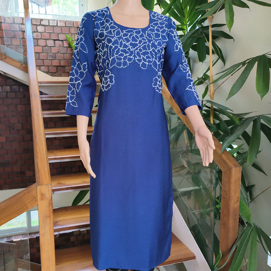 Fuchsia Semi-Silk Kurta with Elegant French Knot Detailing