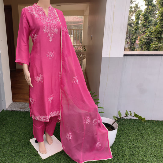 Elegant Rust Pink Russian Silk Kurta Set with Embroidered Details
