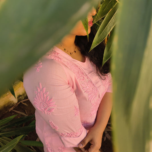 Pure Mull Cotton Chikankari Kurti – Baby Pink (Top & Bottom)