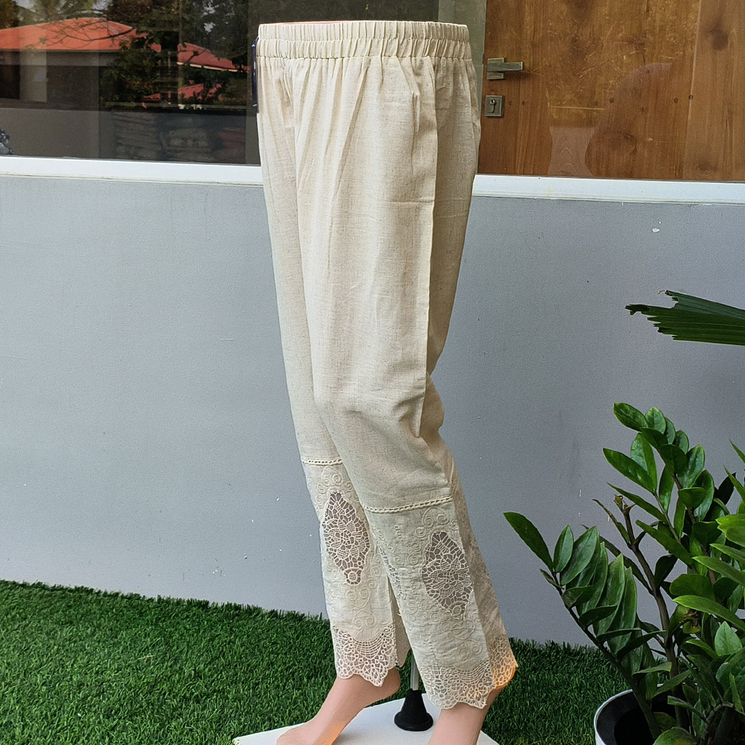 Women's Beige Khadi Cotton Bottom with Lace Detailing Beige