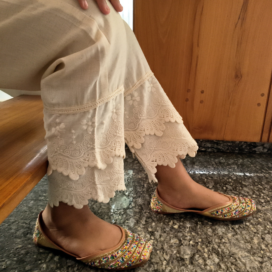 Women's  Cotton Pants with Lace Hem Beige