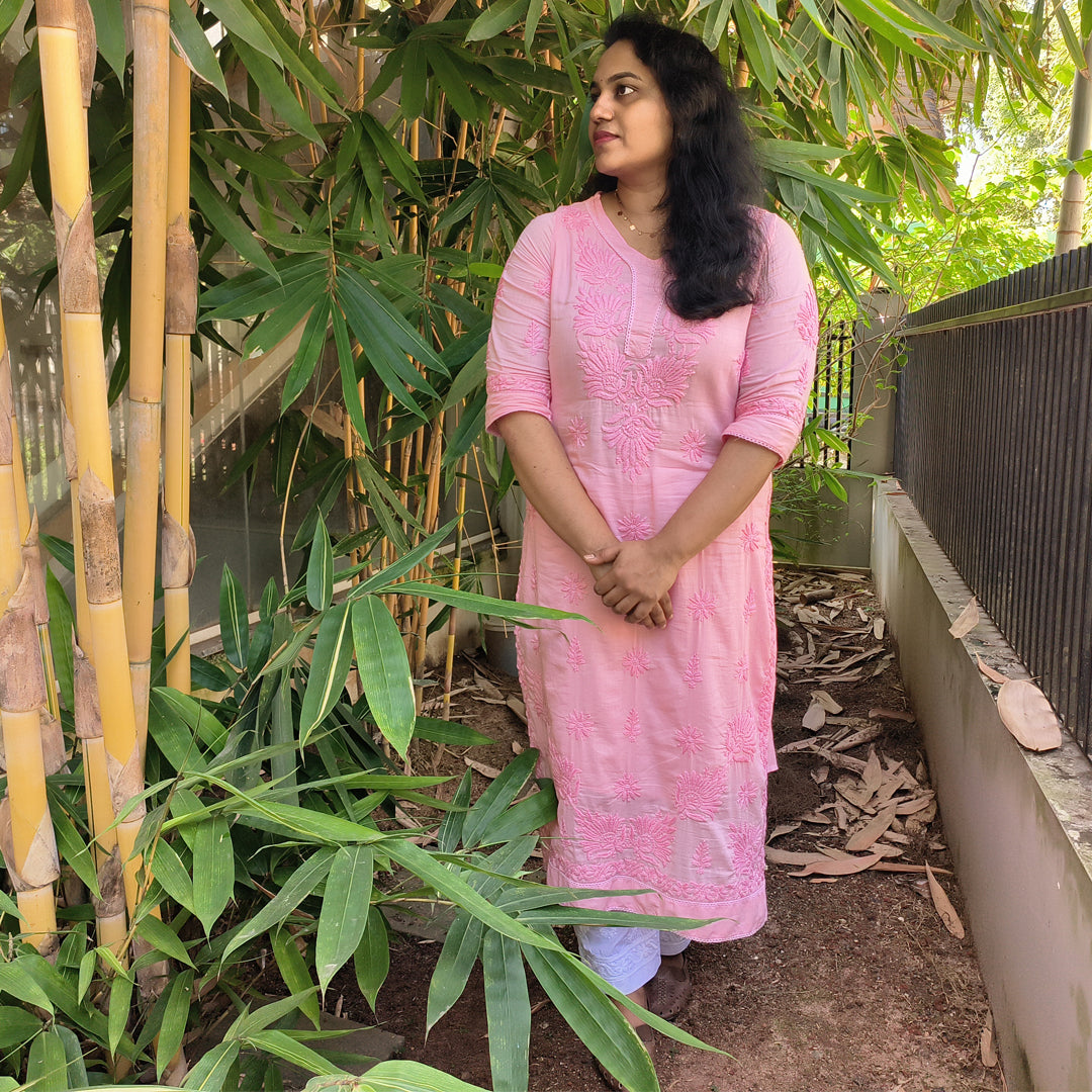 Pure Mull Cotton Chikankari Kurti – Baby Pink (Top & Bottom)