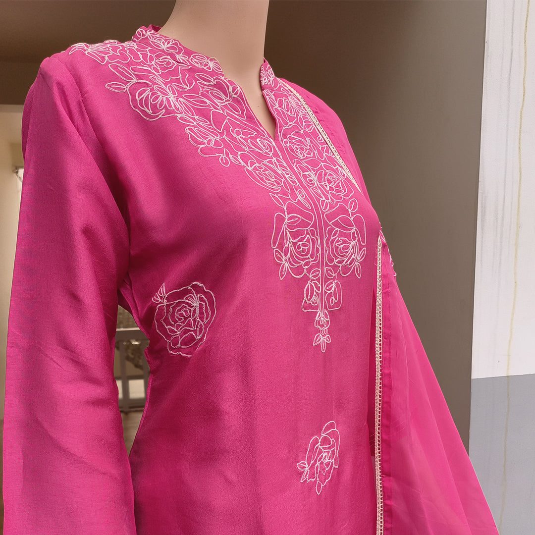 Elegant Rust Pink Russian Silk Kurta Set with Embroidered Details