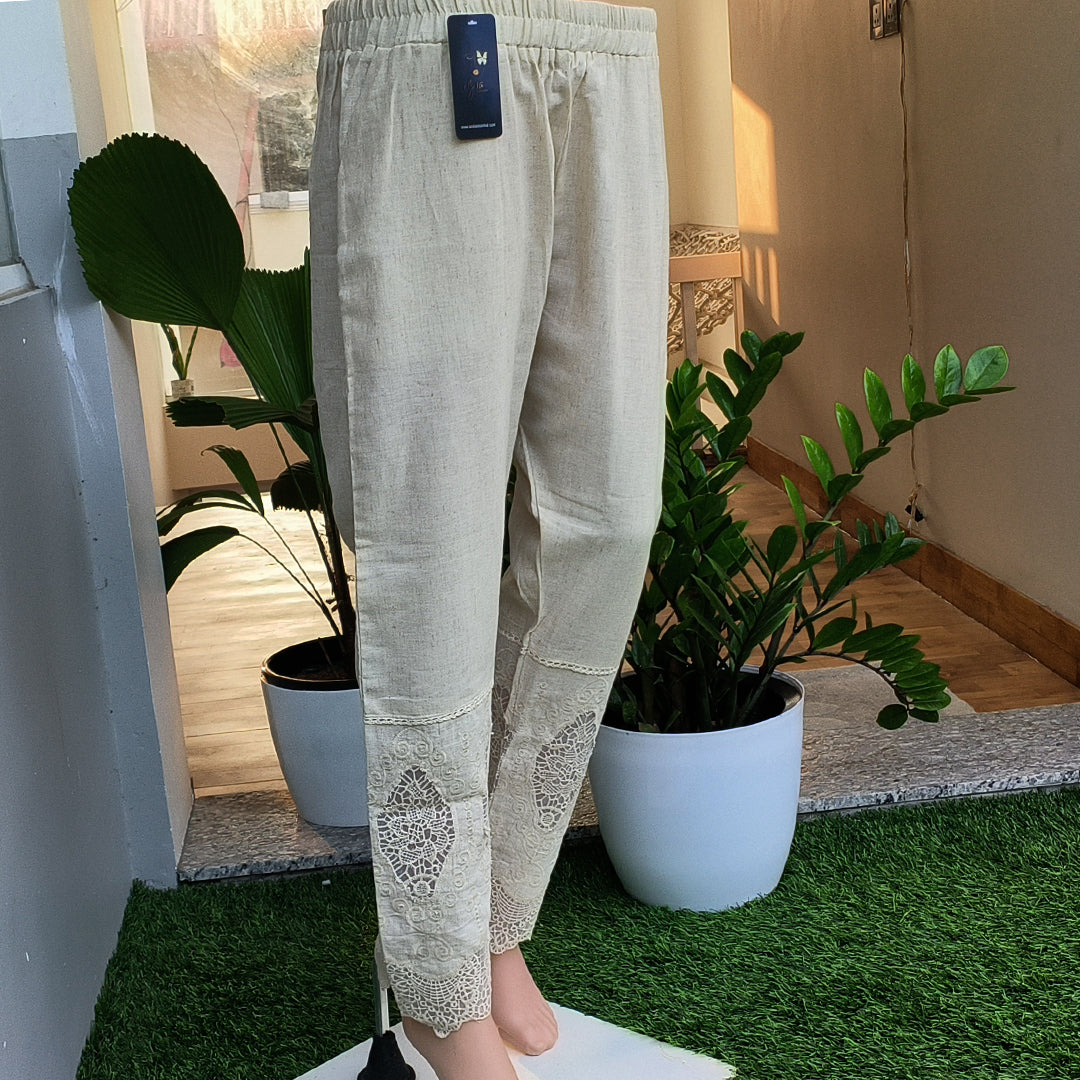 Women's Beige Khadi Cotton Bottom with Lace Detailing Beige