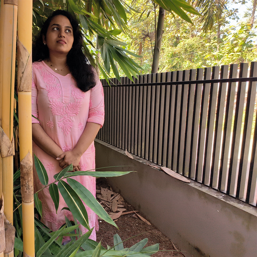 Pure Mull Cotton Chikankari Kurti – Baby Pink (Top & Bottom)