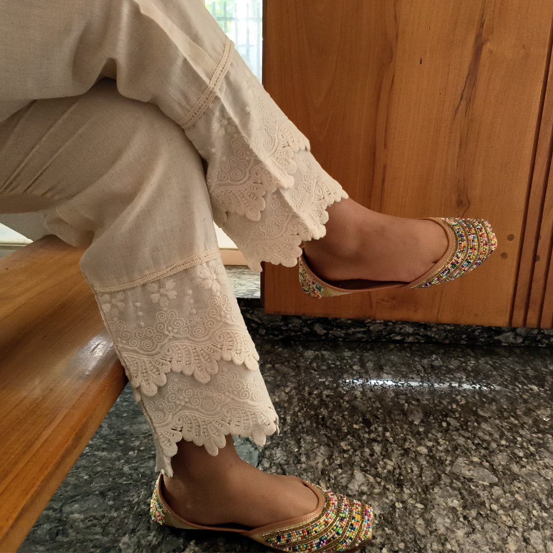 Women's  Cotton Pants with Lace Hem Beige