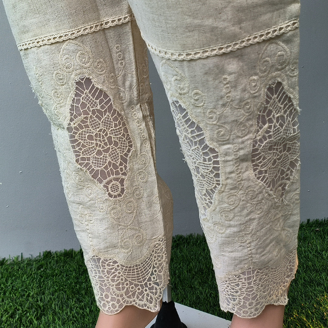 Women's Beige Khadi Cotton Bottom with Lace Detailing Beige