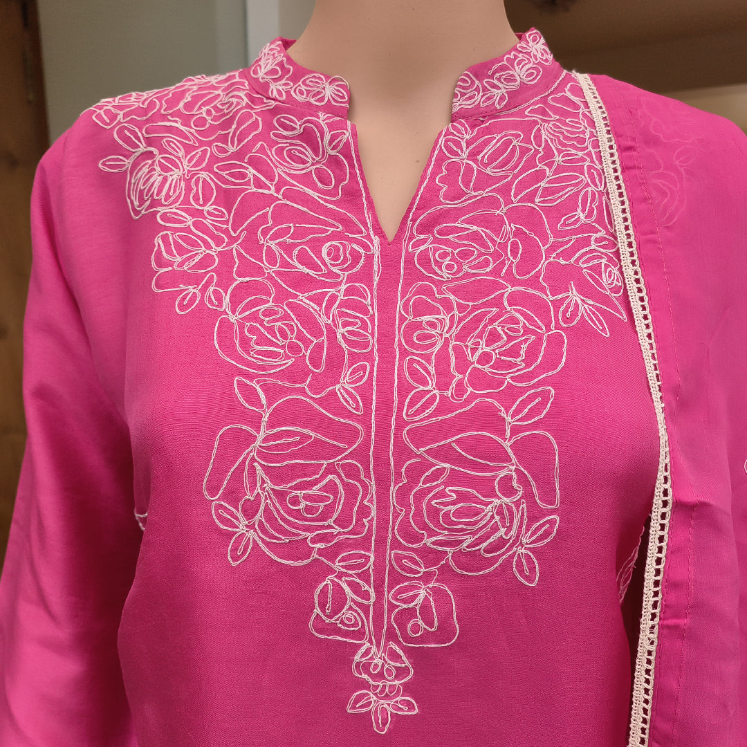 Elegant Rust Pink Russian Silk Kurta Set with Embroidered Details