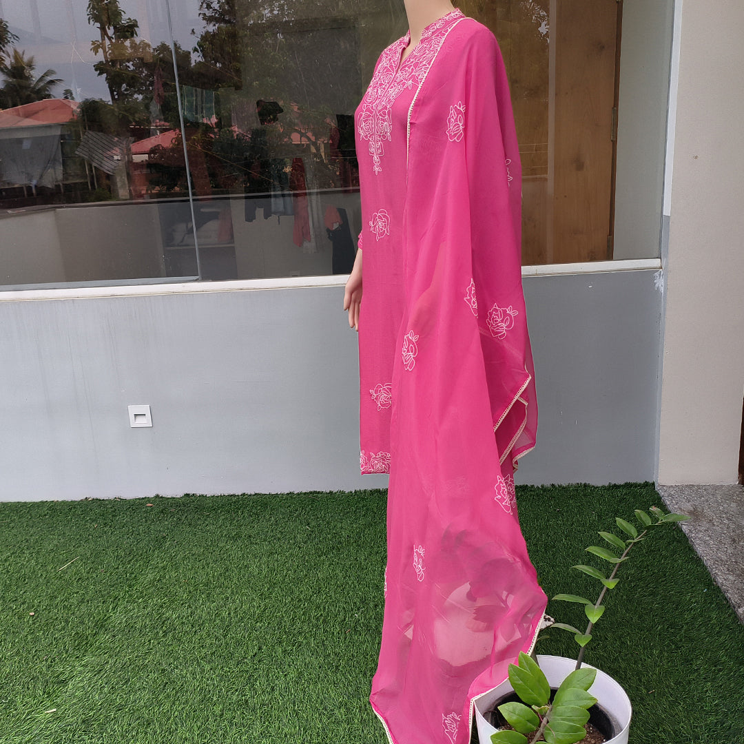 Elegant Rust Pink Russian Silk Kurta Set with Embroidered Details