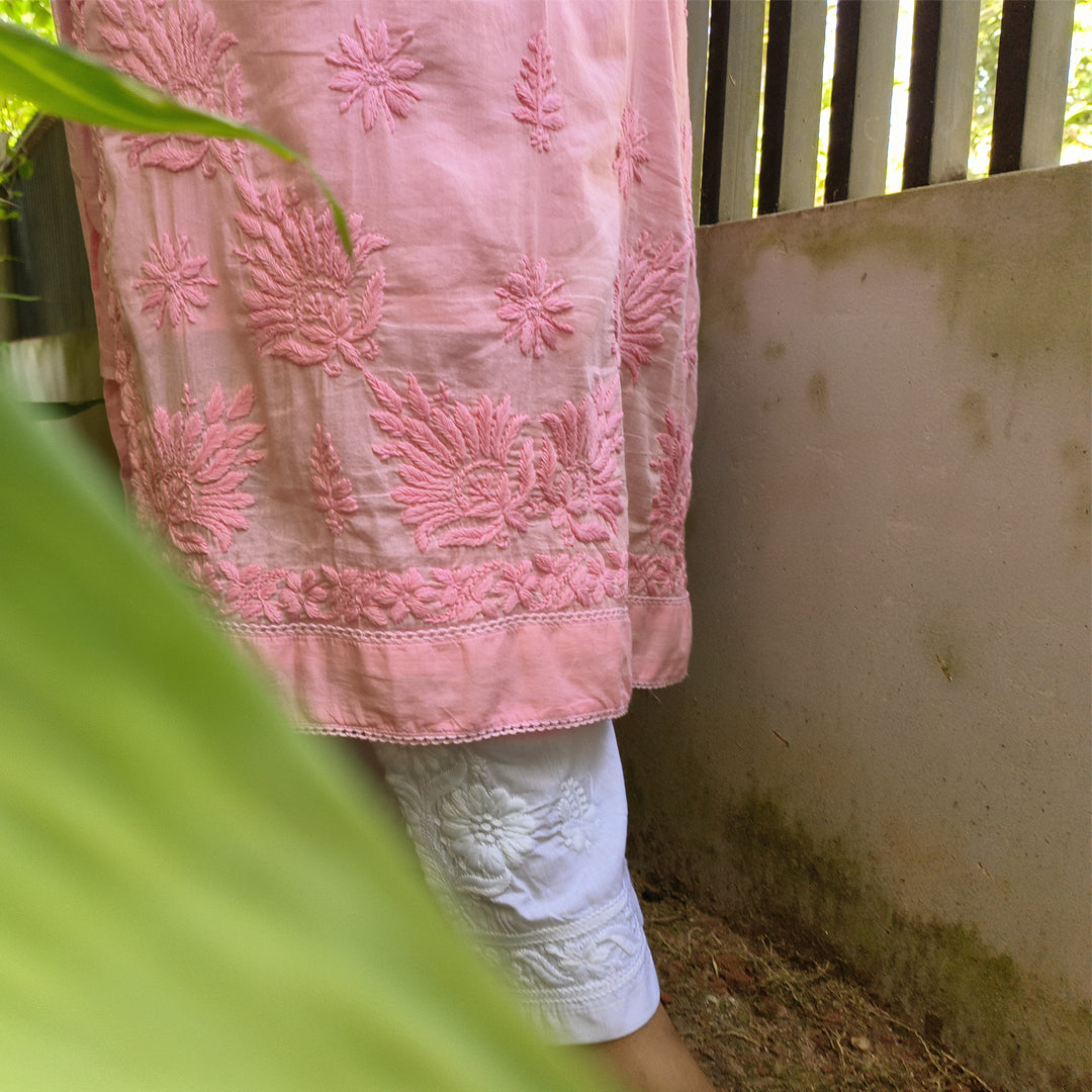 Pure Mull Cotton Chikankari Kurti – Baby Pink (Top & Bottom)
