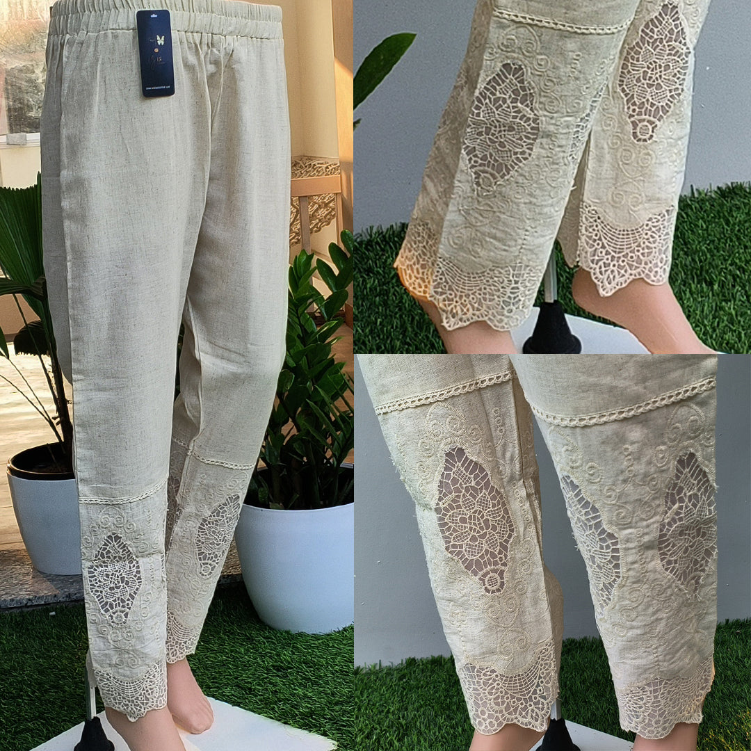 Women's Beige Khadi Cotton Bottom with Lace Detailing Beige
