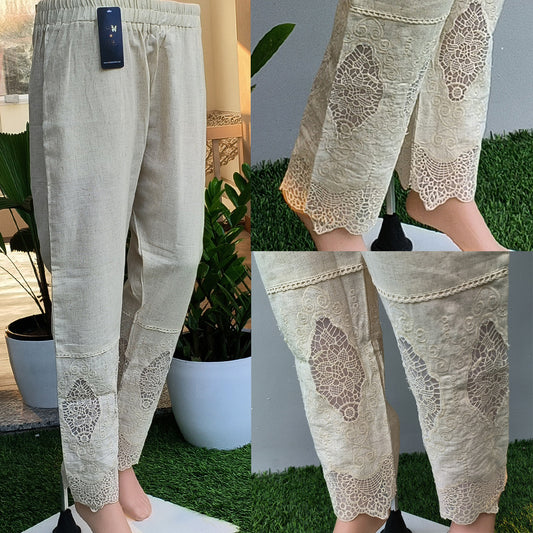 Women's Beige Khadi Cotton Bottom with Lace Detailing Beige