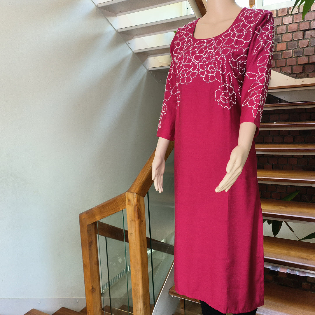 Fuchsia Semi-Silk Kurta with Elegant French Knot Detailing
