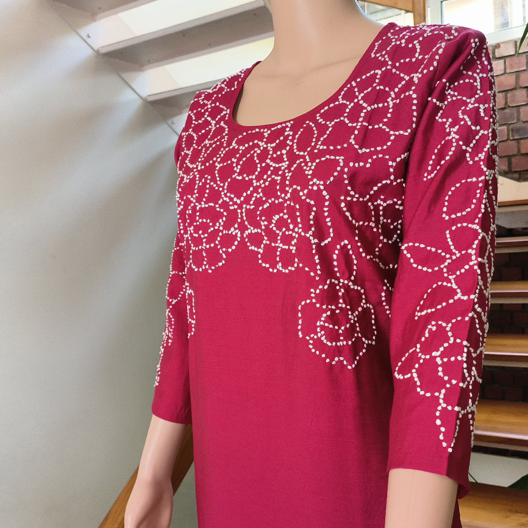 Fuchsia Semi-Silk Kurta with Elegant French Knot Detailing