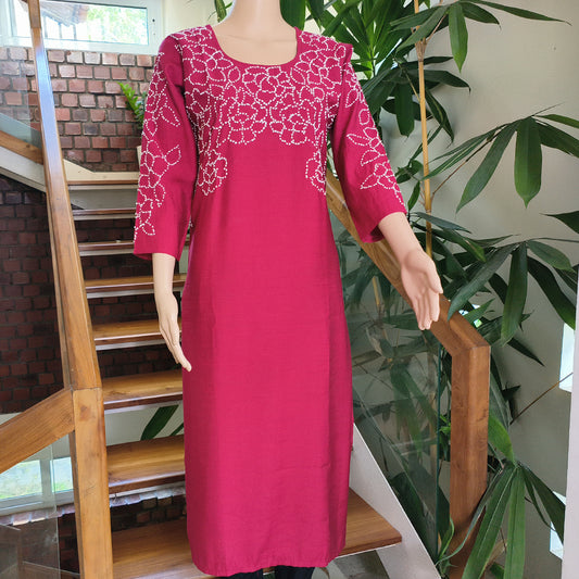 Fuchsia Semi-Silk Kurta with Elegant French Knot Detailing