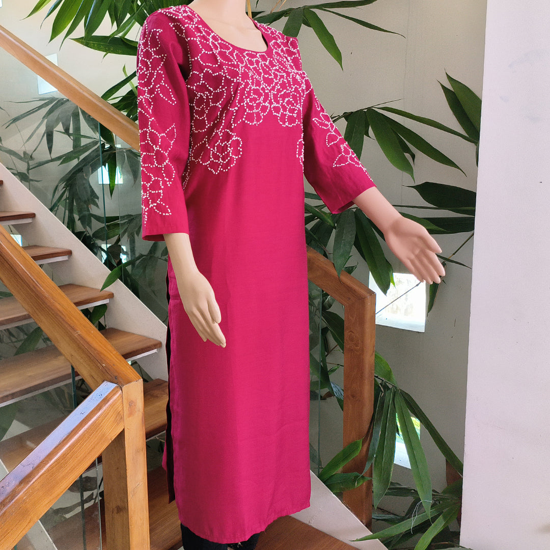 Fuchsia Semi-Silk Kurta with Elegant French Knot Detailing