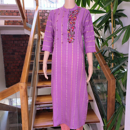 Hand Embroidered Striped Cotton Top - Single Piece