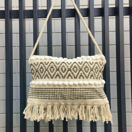 Handwoven Boho-Chic Shoulder Small Bag with Fringe Detailing Olive Green