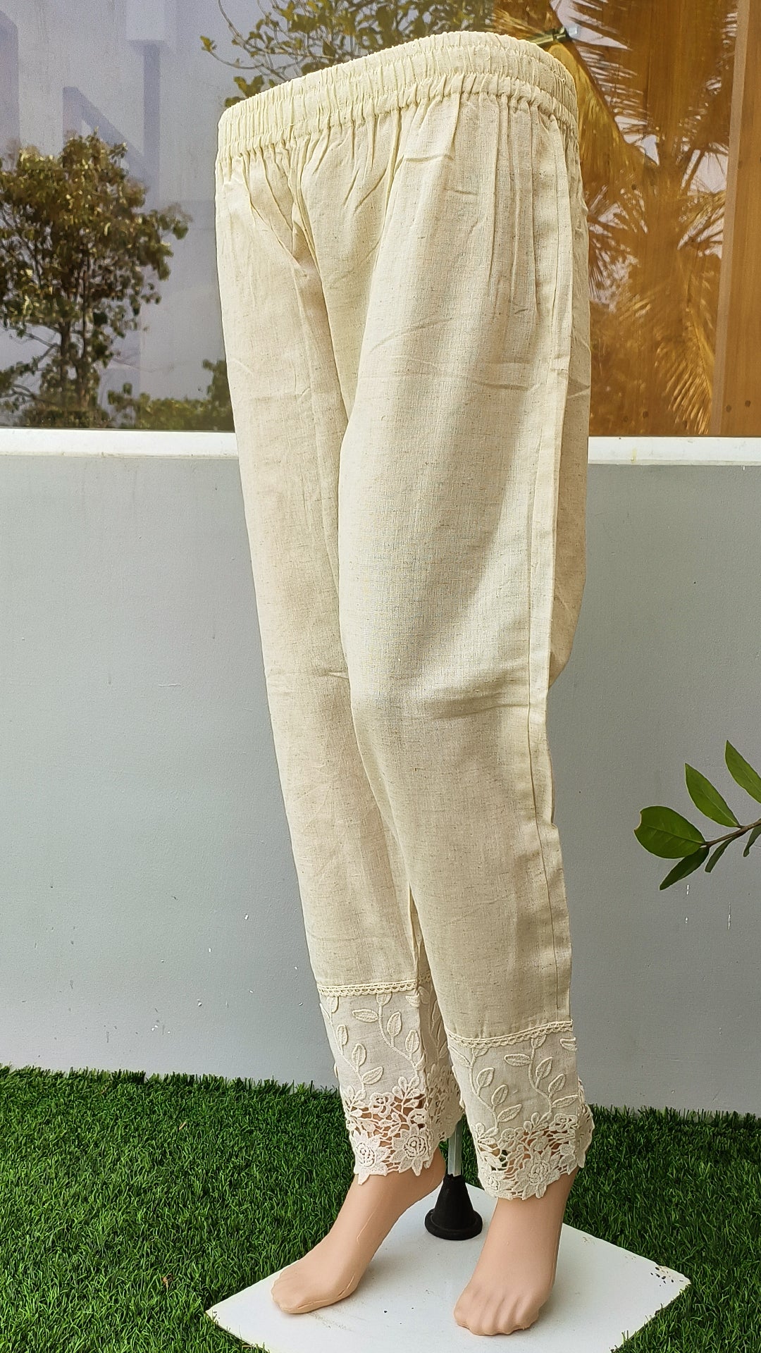 Women's White Cotton Trousers with Applique Detailing Beige