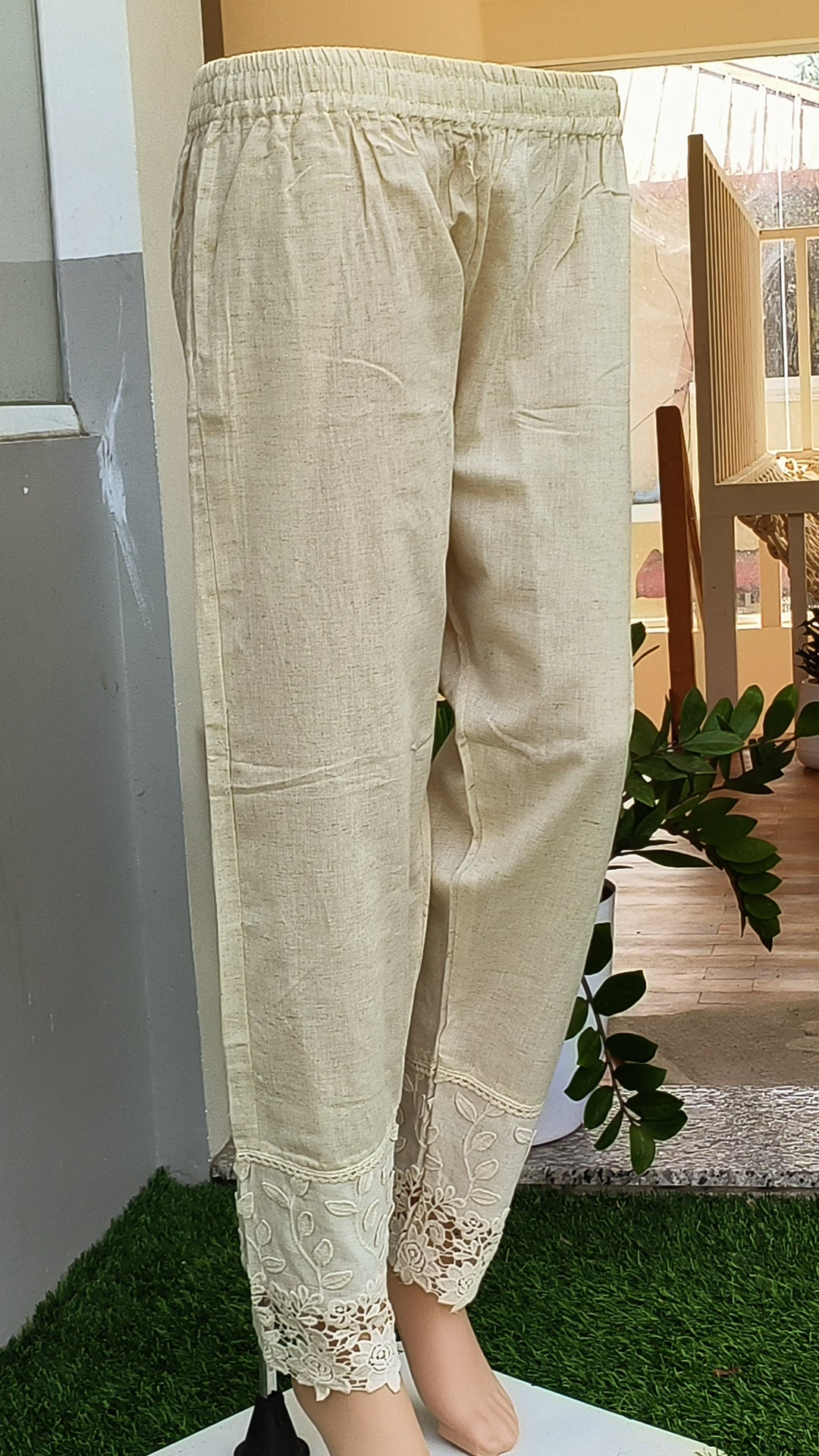 Women's White Cotton Trousers with Applique Detailing Beige