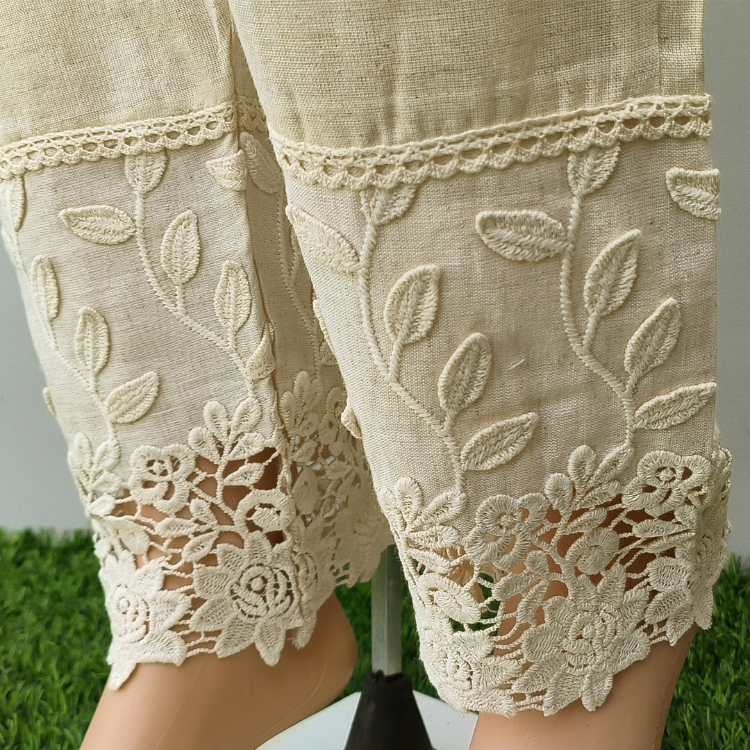 Women's White Cotton Trousers with Applique Detailing Beige