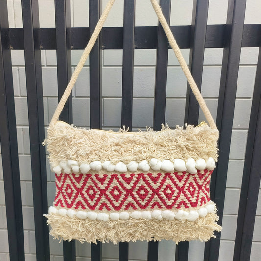 Handwoven Boho-Chic Shoulder Small Bag with Fringe Detailing Red