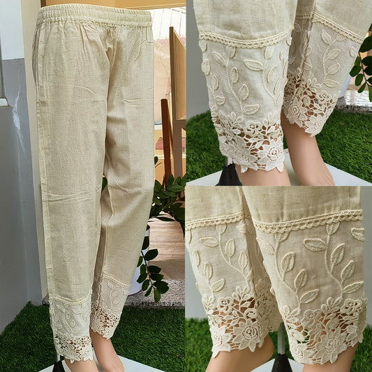 Women's White Cotton Trousers with Applique Detailing Beige