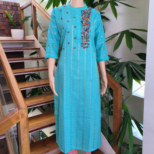 Hand Embroidered Striped Cotton Top - Single Piece