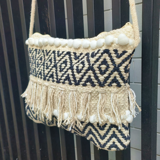 Handwoven Boho-Chic Shoulder Small Bag with Fringe Detailing Black