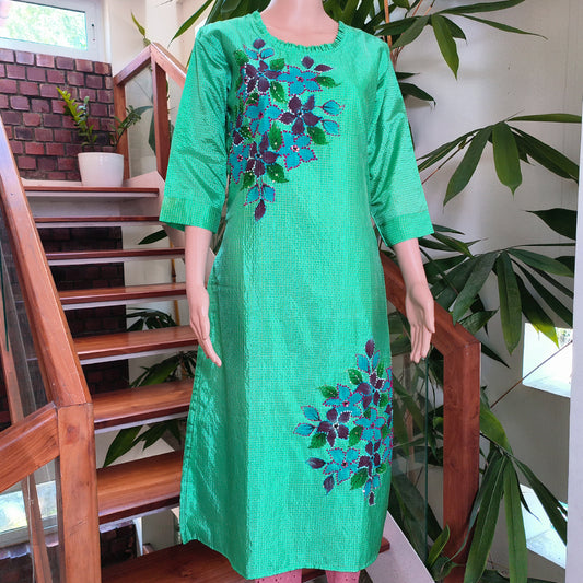 French Knots Embroidered Semi Silk Top - Single Piece Green