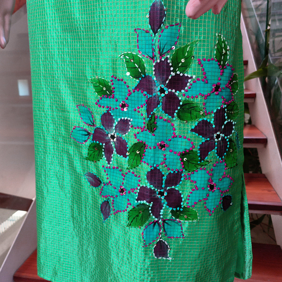 French Knots Embroidered Semi Silk Top - Single Piece Green
