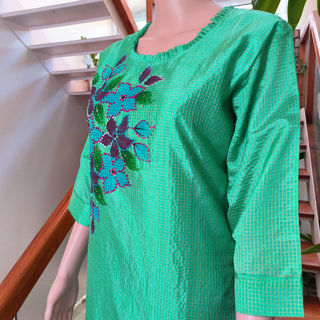 French Knots Embroidered Semi Silk Top - Single Piece Green