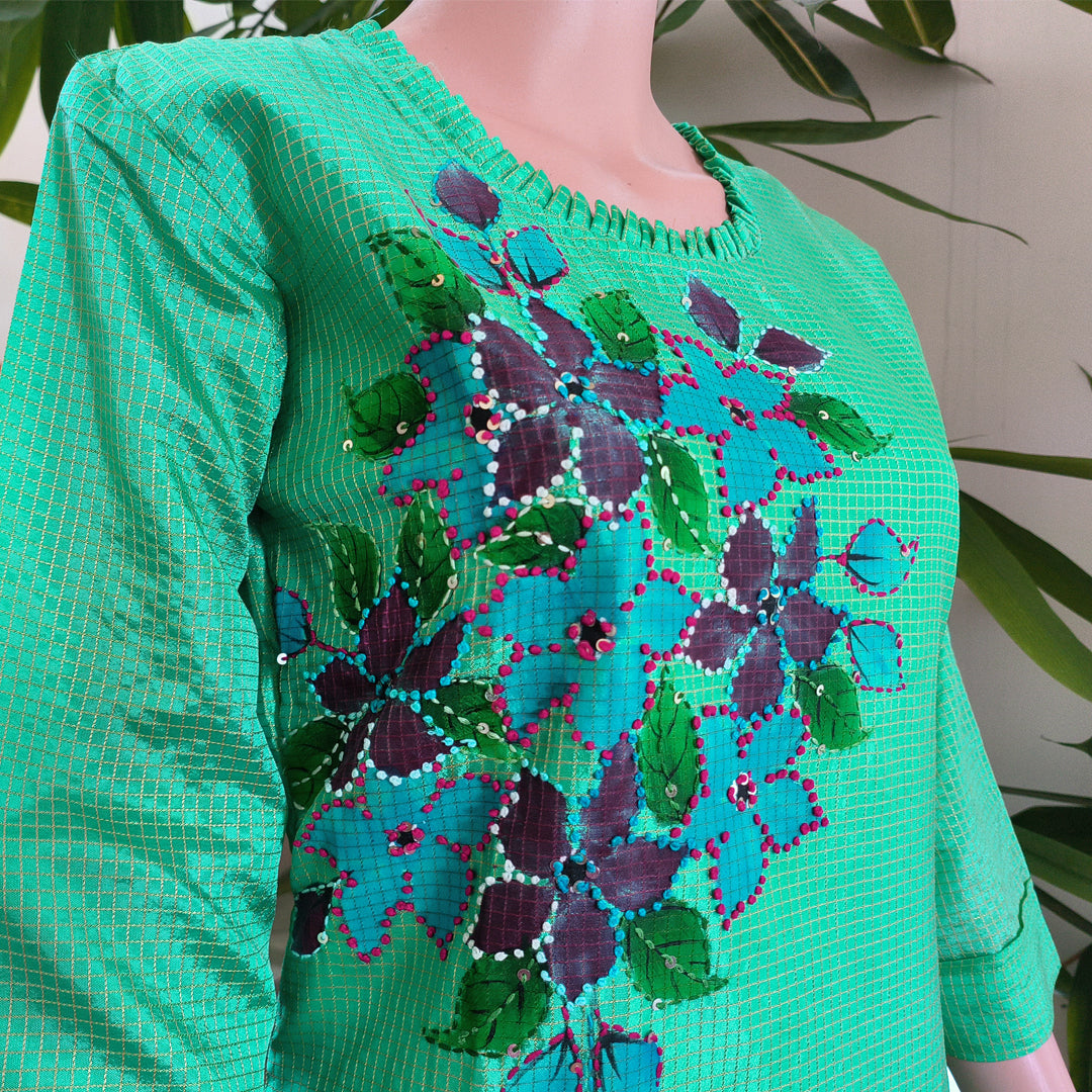 French Knots Embroidered Semi Silk Top - Single Piece Green