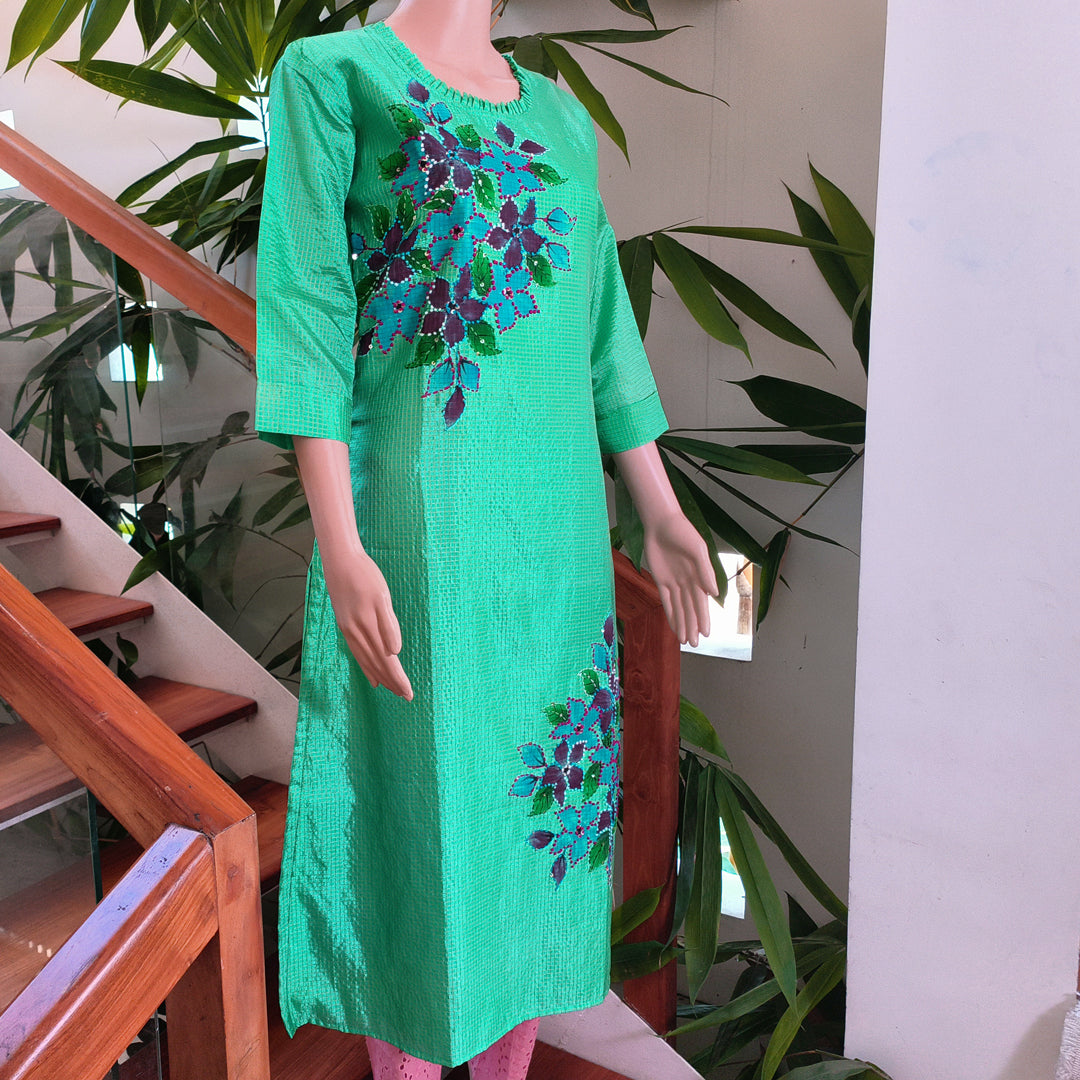 French Knots Embroidered Semi Silk Top - Single Piece Green