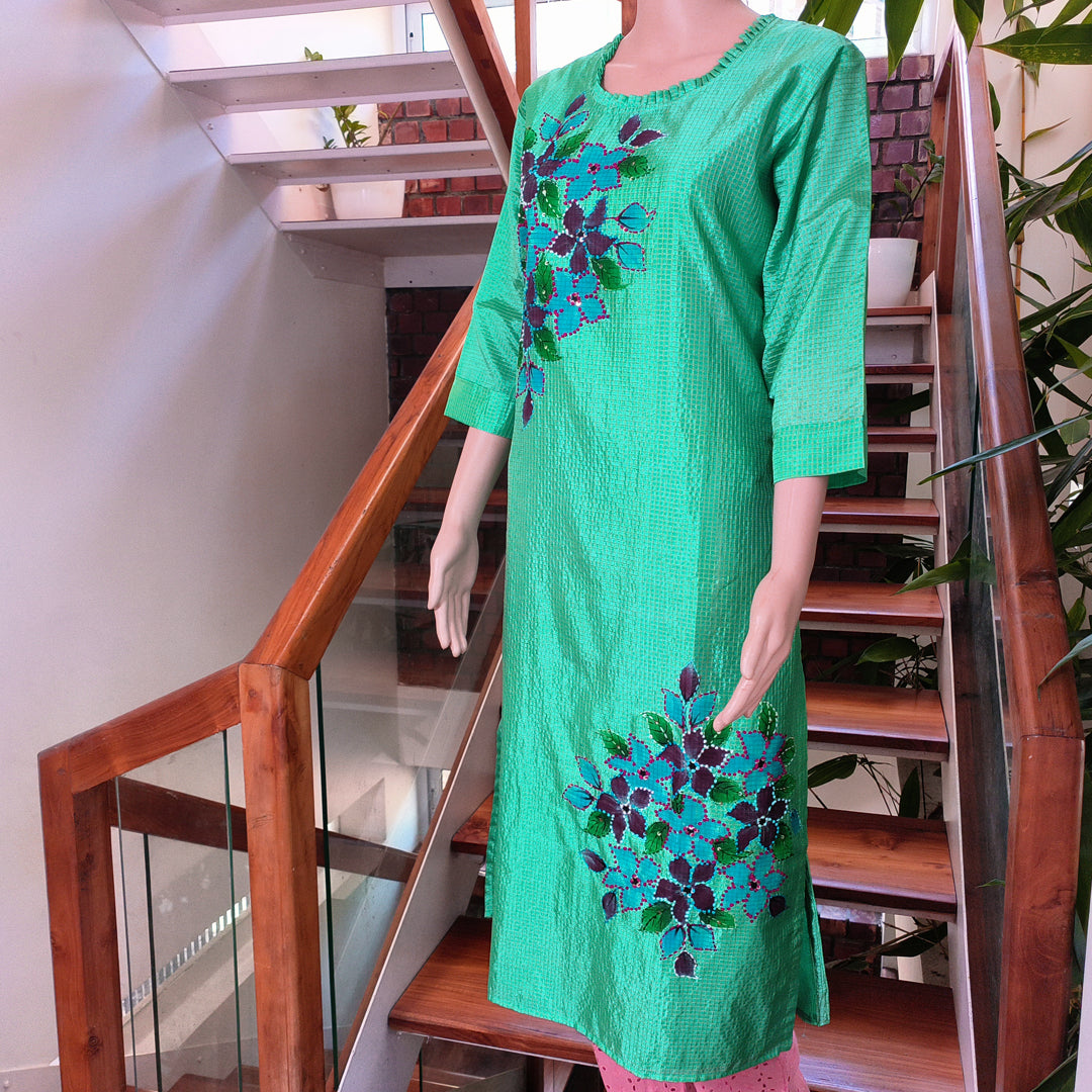 French Knots Embroidered Semi Silk Top - Single Piece Green