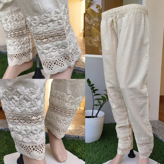 Women's Lucknow Chikan Cotton Trousers Beige