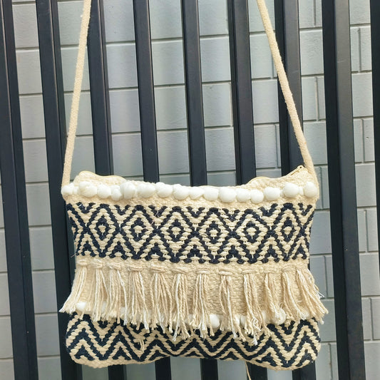Handwoven Boho-Chic Shoulder Small Bag with Fringe Detailing Black