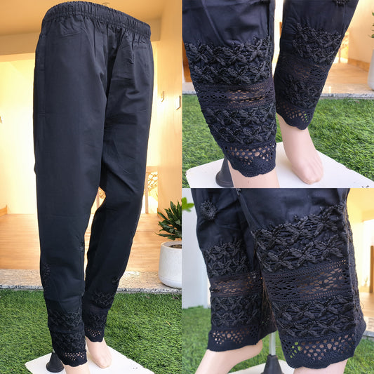 Women's Lucknow Chikan Cotton Trousers Beige Black